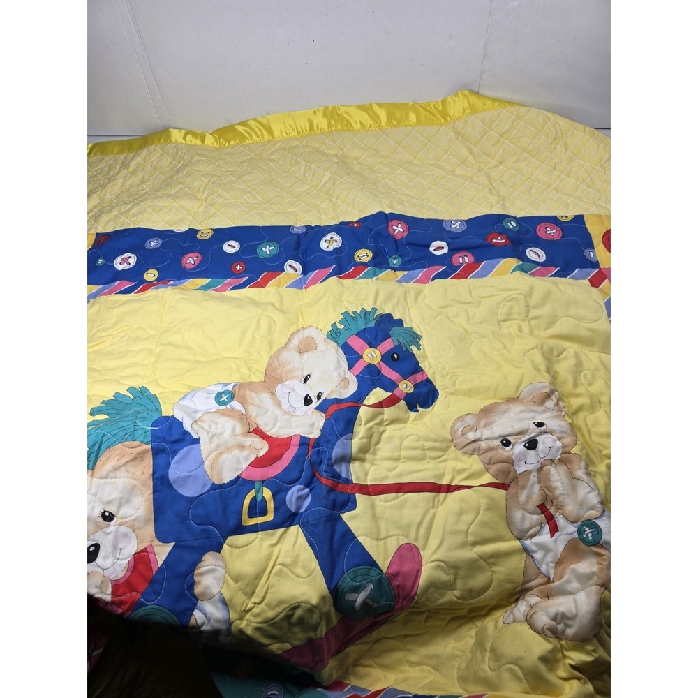 Vintage Baby Quilt Blanket Rocking Horse Teddy‎ Bear Button Yellow Blue